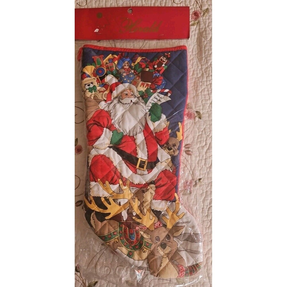 VTG NOS  17" Santa Reindeer Quilted Christmas Stocking By Herald